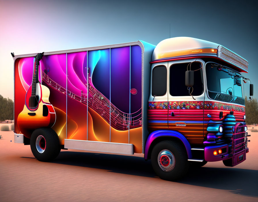 Vibrant Guitar Graphic on Colorful Music-Themed Truck