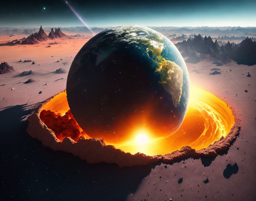 Surreal image of Earth-like planet in lava with mountains & desert