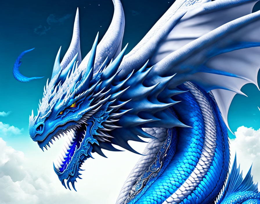 Blue Dragon with Intricate Scales and Expansive Wings under Crescent Moon