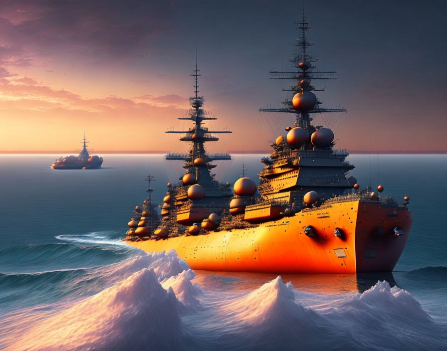 Two heavily armed battleships on calm ocean at sunset