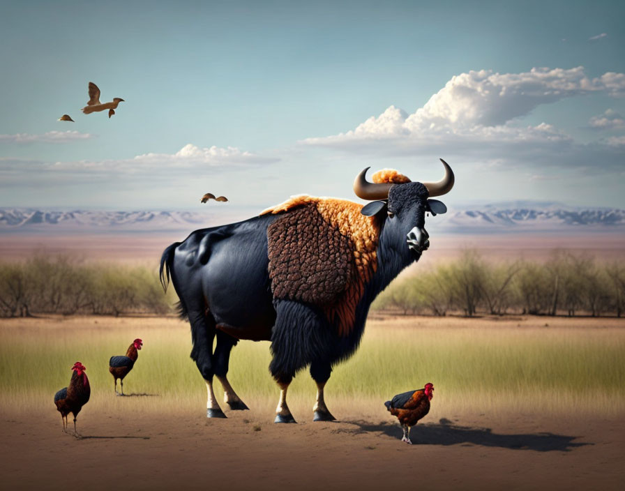 Buffalo in desert with birds and chickens in landscape