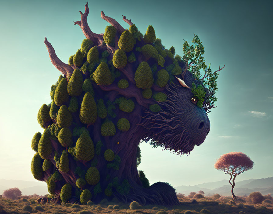 Fantastical creature with tree-like structure and dense foliage in serene landscape