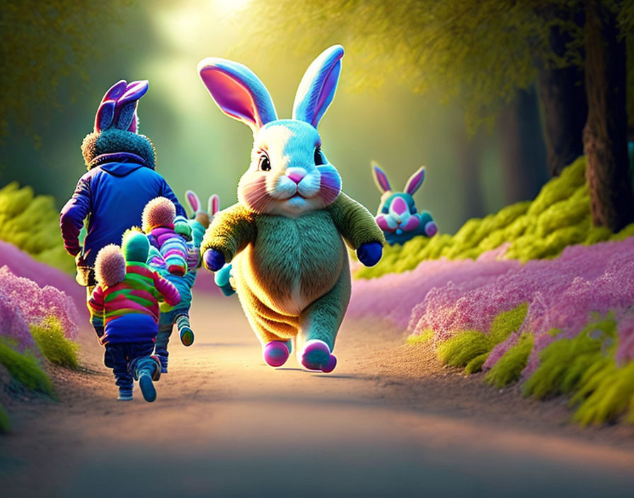 Child and oversized animated rabbits with colorful eggs in vibrant setting