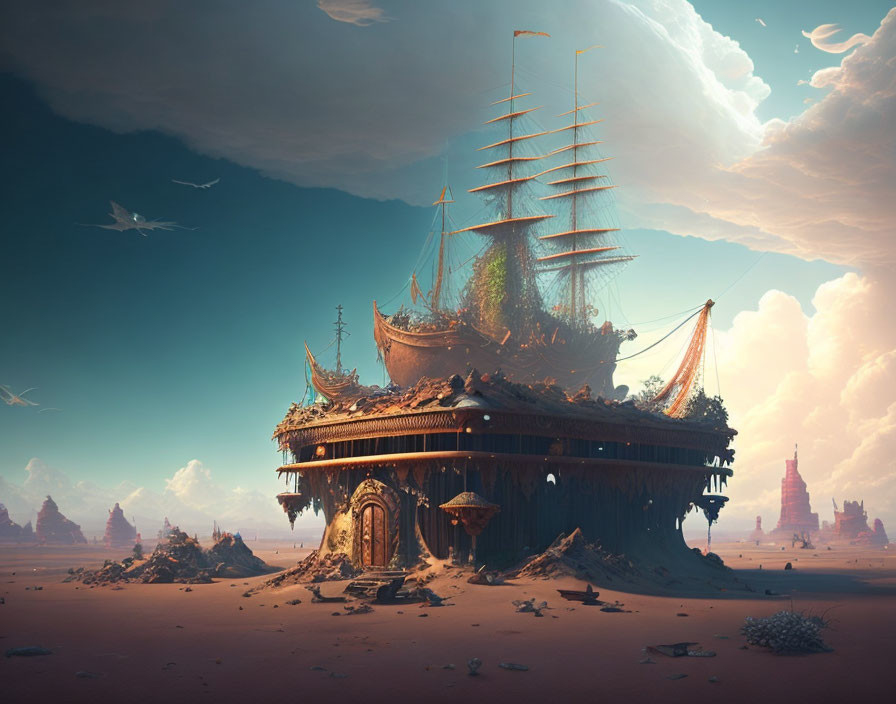 Fantastical desert landscape with ship-like building on stilts, ornate ruins, and flying birds