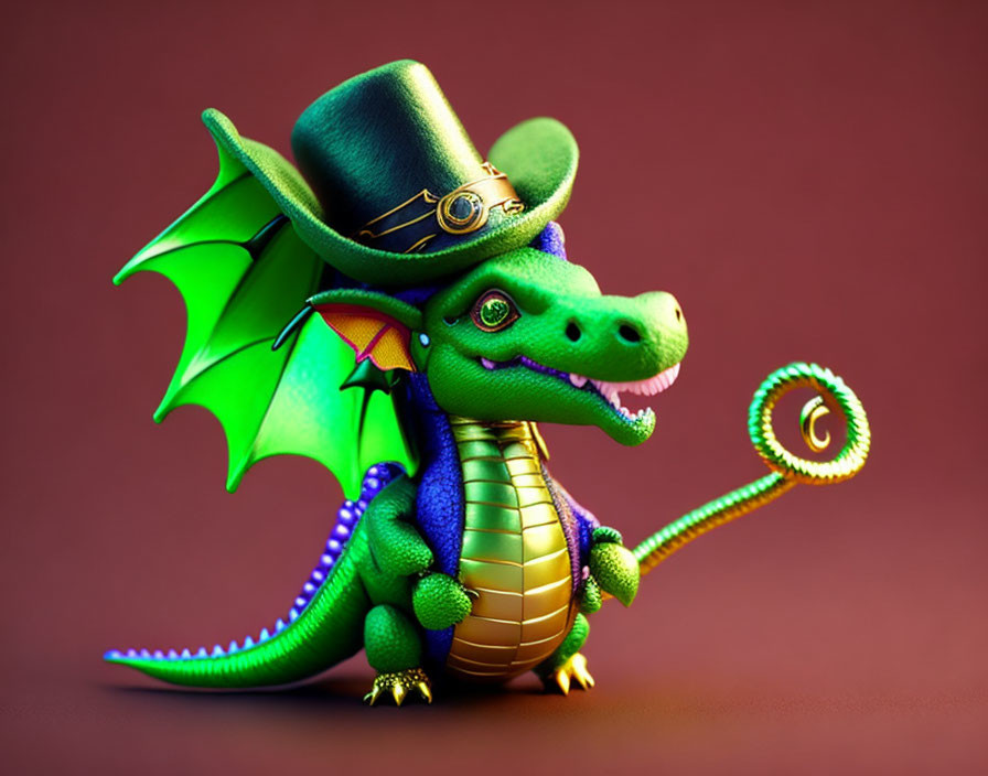 Green anthropomorphic dragon in top hat and monocle with cane - 3D illustration