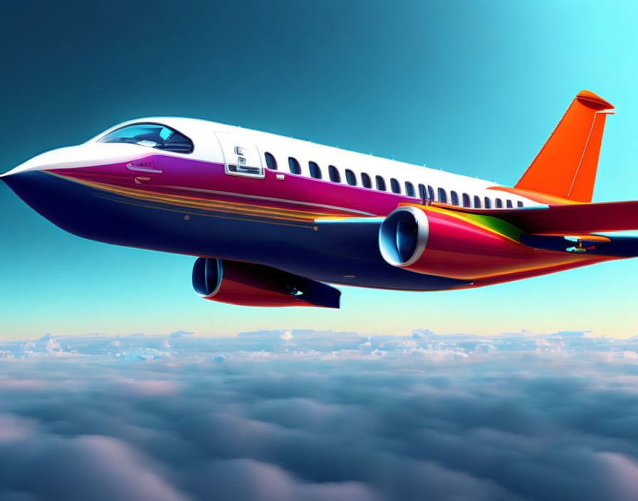 Vibrant private jet soaring over colorful sky