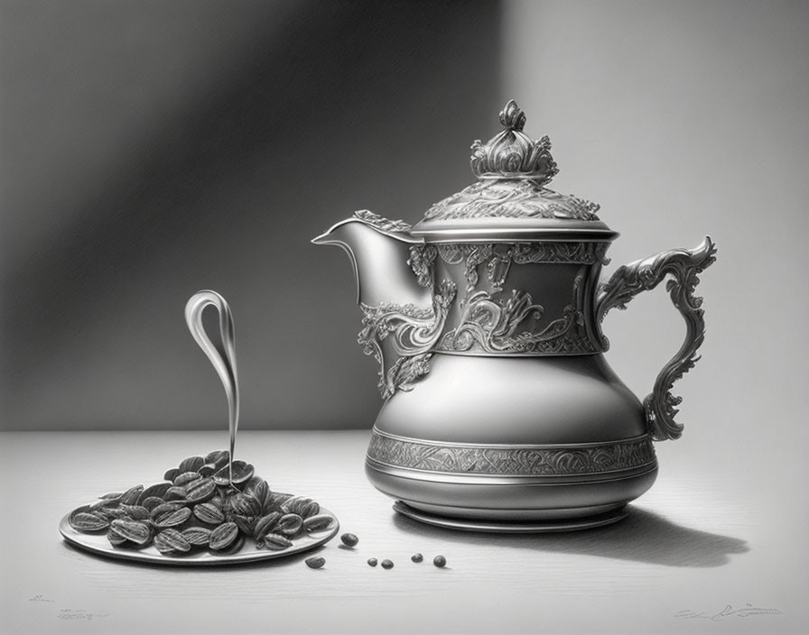 Monochromatic illustration of ornate teapot and almonds