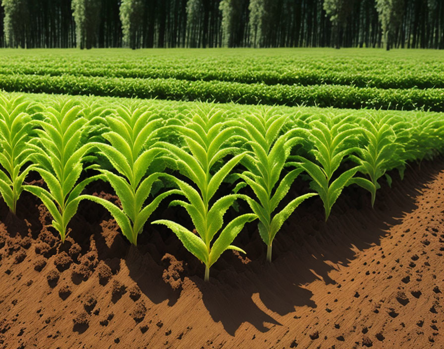 Lush crop rows in sunlight with tree backdrop depicts healthy plant growth