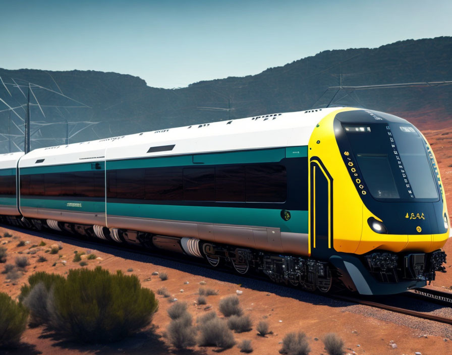 Sleek modern passenger train in desert landscape with wind turbines