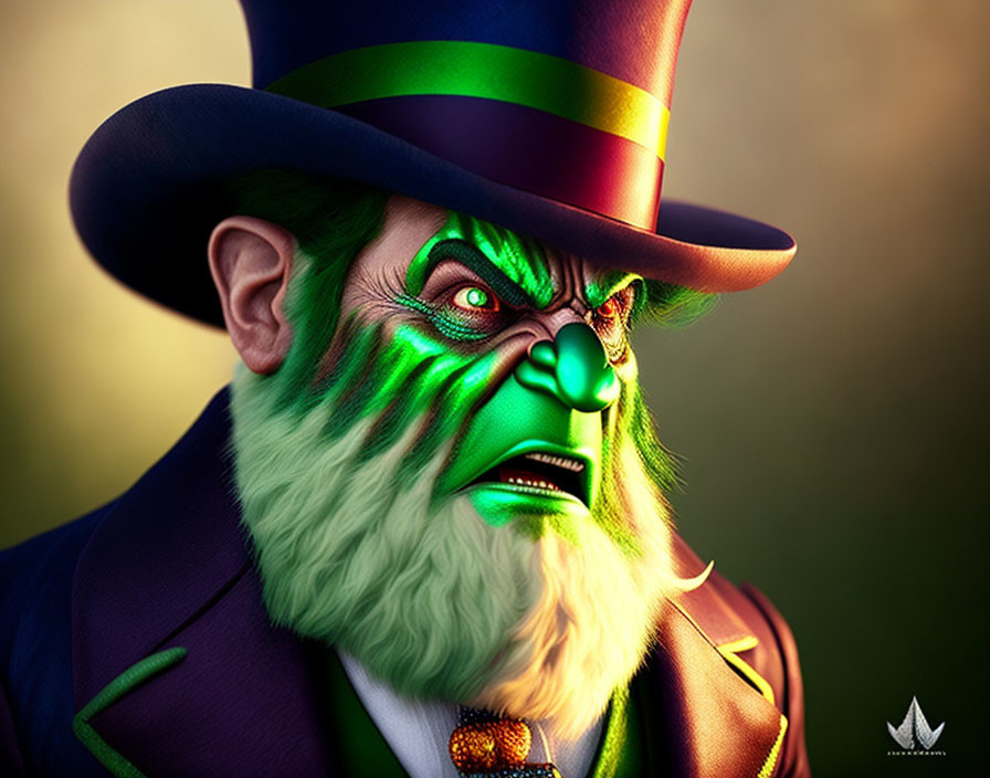 Menacing character illustration: green skin, yellow eyes, Victorian attire