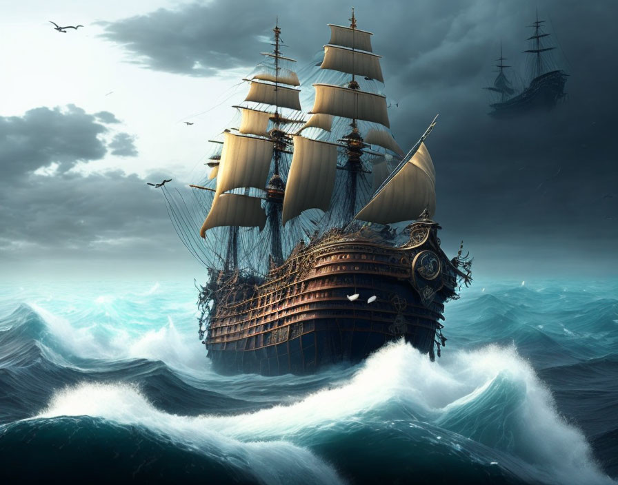 Ornate galleon sailing stormy seas with full sails and distant ships