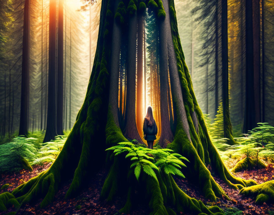 Person standing before large tree in mystical forest with golden sunlight.