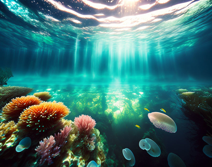 Sunlit Coral Reef with Diverse Marine Life and Light Rays