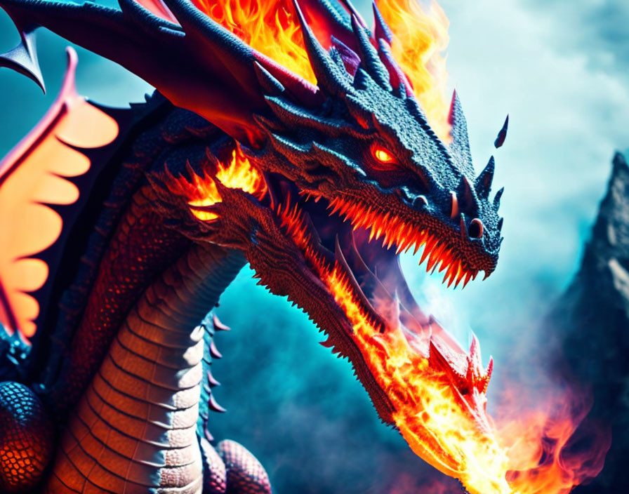 Dragon breathing fire with orange underbelly on blue background