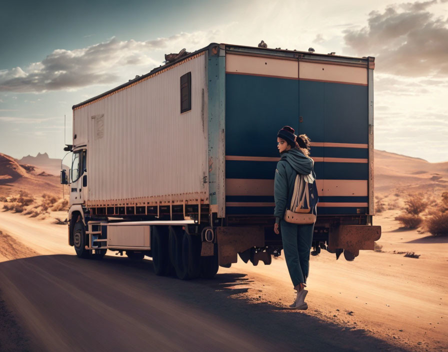 Person in hoodie beside stationary truck on desert road under cloudy sky