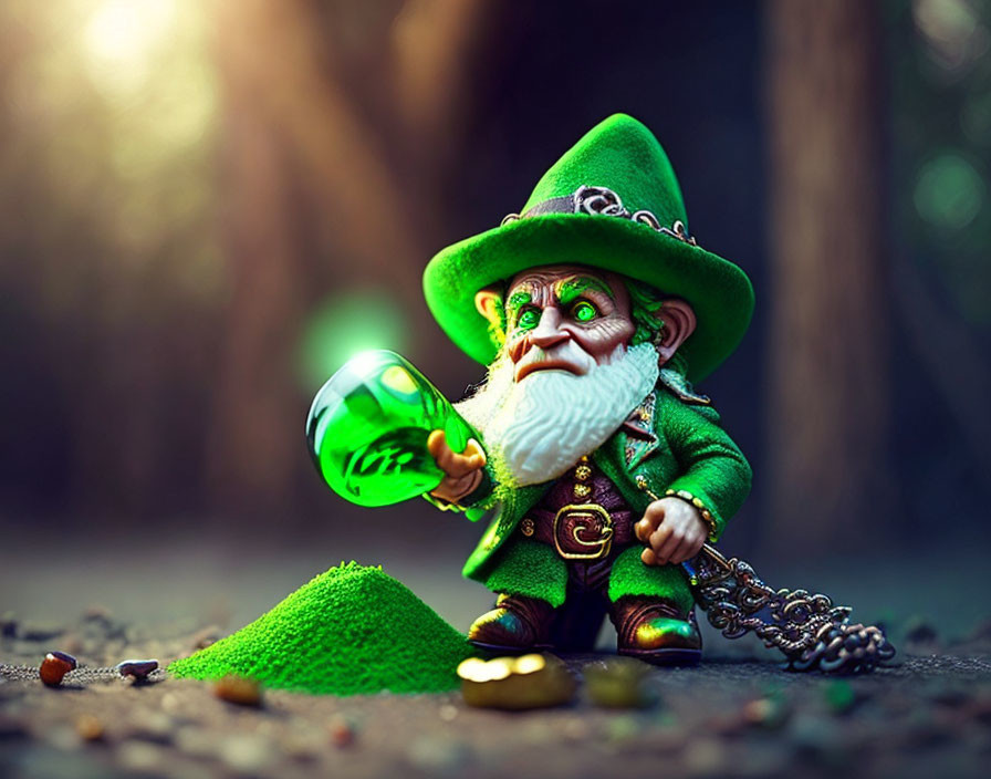 Leprechaun figurine with lantern and gold coins in forest setting