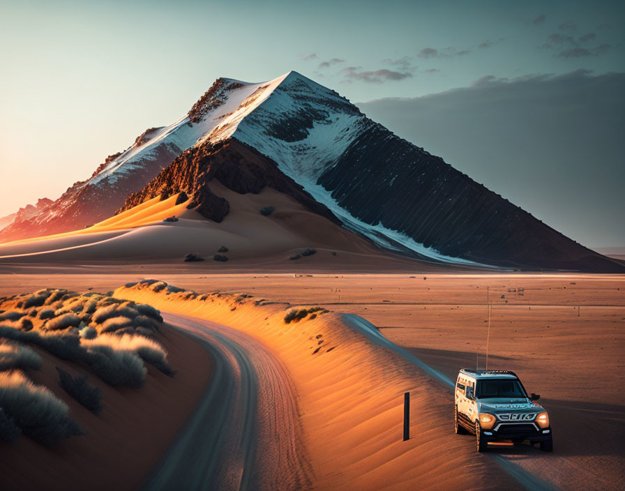 Vehicle crossing desert landscape with sand dunes and snow-capped mountain at sunset