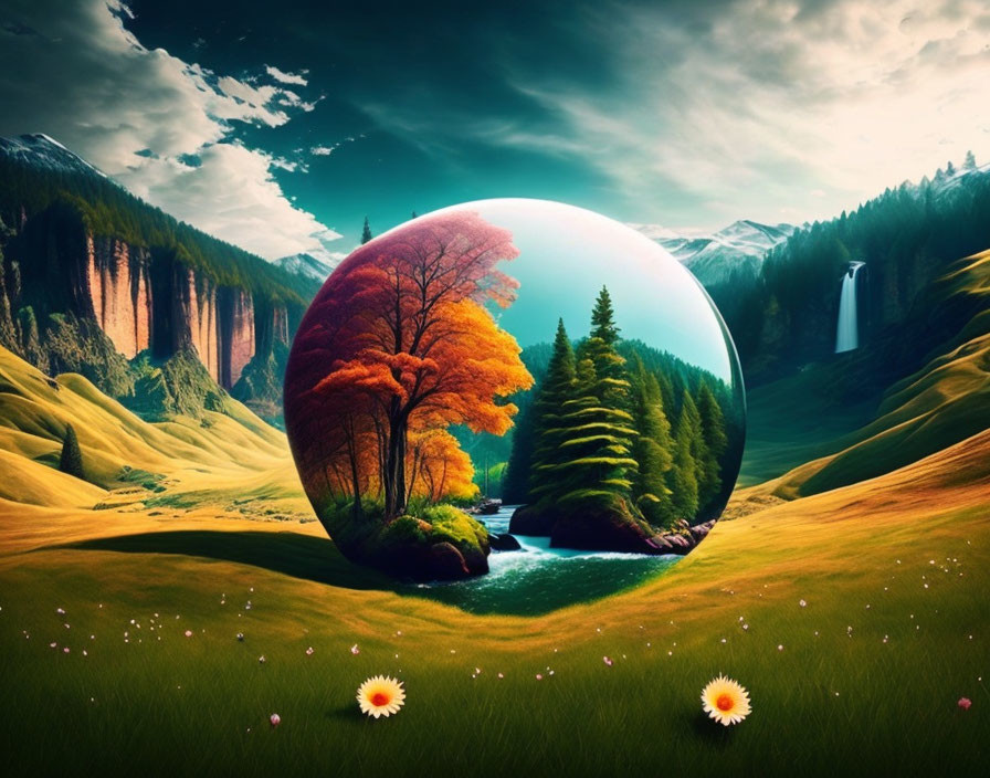 Colorful artwork featuring crystal sphere reflecting autumn tree in surreal landscape