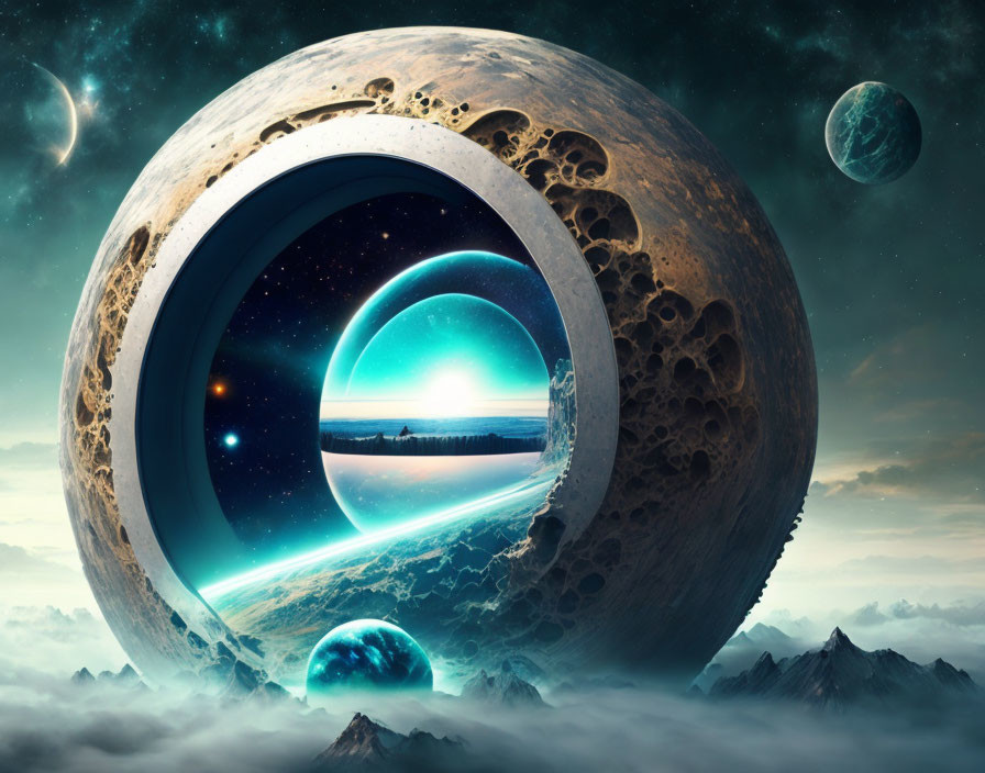 Surreal cosmic landscape with multiple planets and portal arrangement