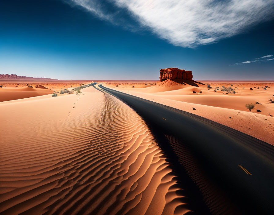 Paved road through sandy desert under dramatic sky