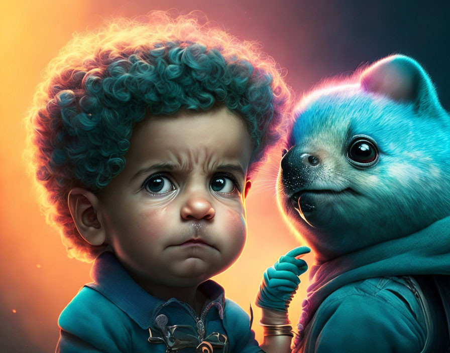 Child with Curly Hair and Blue Creature in Digital Art