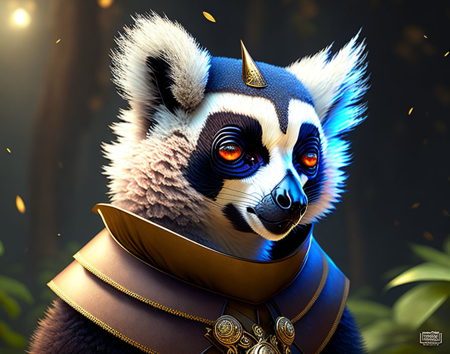 Regal anthropomorphized panda with crown and forest backdrop