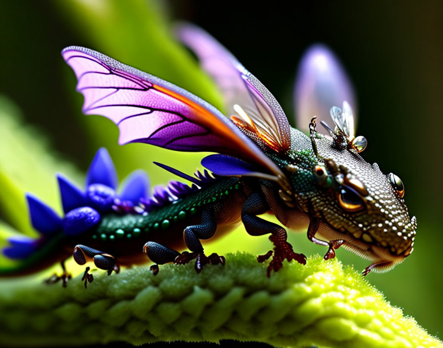 Colorful fantasy dragon with purple wings and green scales on green leaf with insects and blue flowers