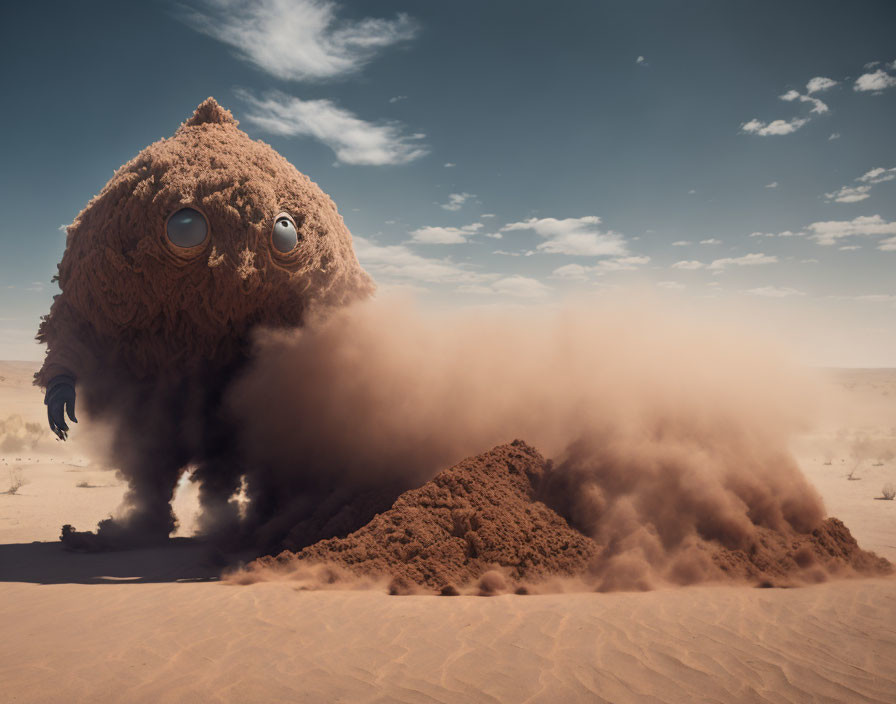 Furry creature with two eyes and tail in desert under clear sky