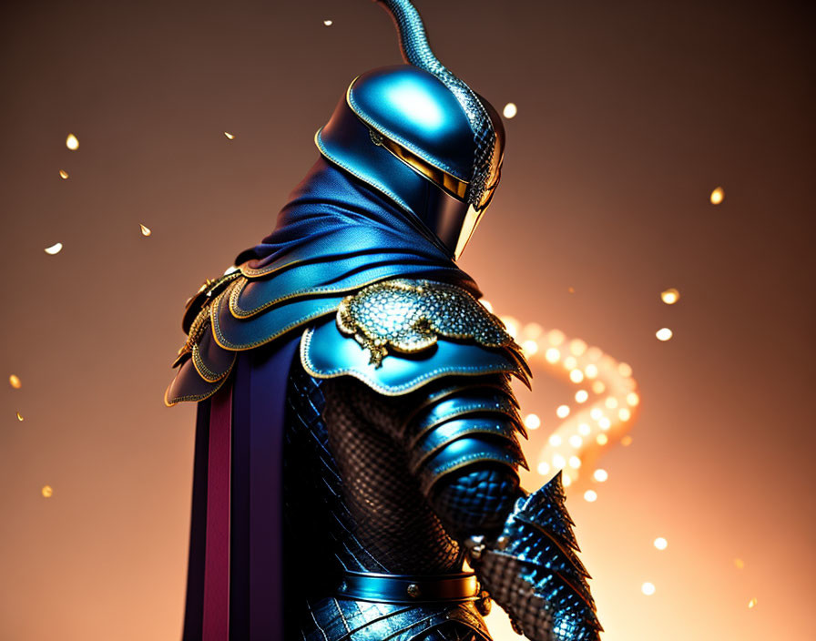 Ornate Blue Armor Figure in Warm Fantasy Setting