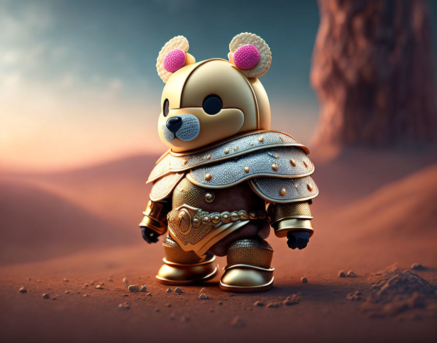 Golden Gladiator Armor Toy Bear in Desert Setting with Tree Background