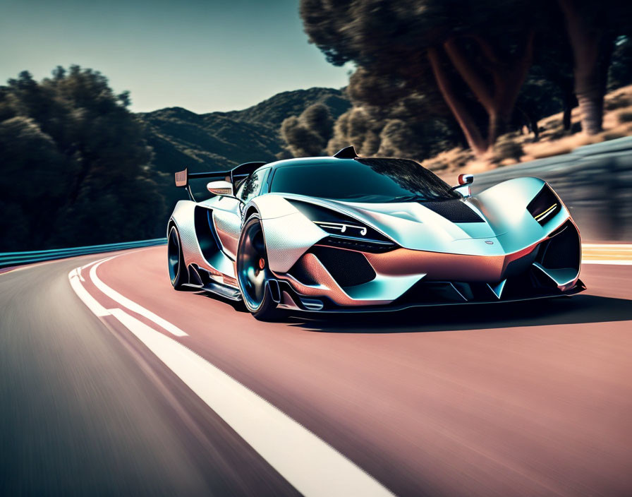 Sleek modern sports car on road with trees and clear sky