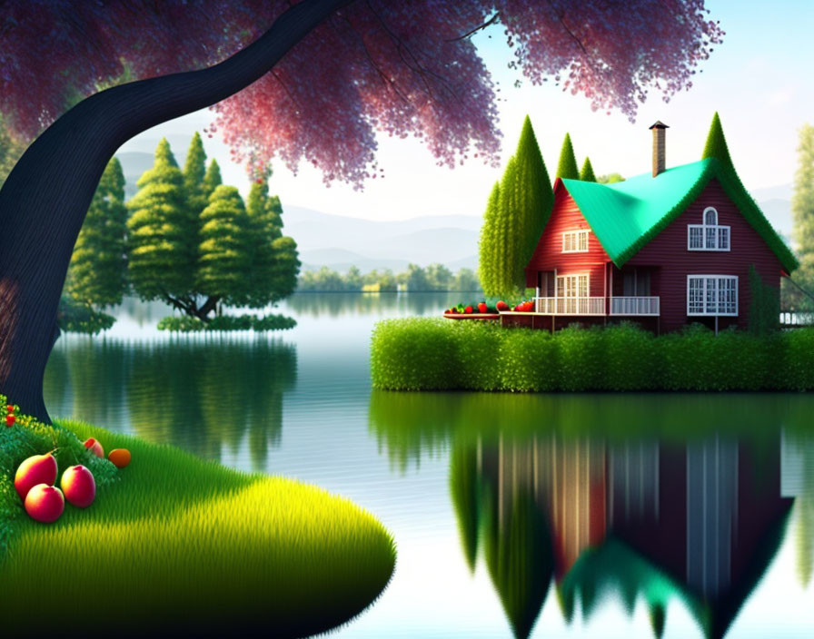 Vibrant illustration of red house by serene lake