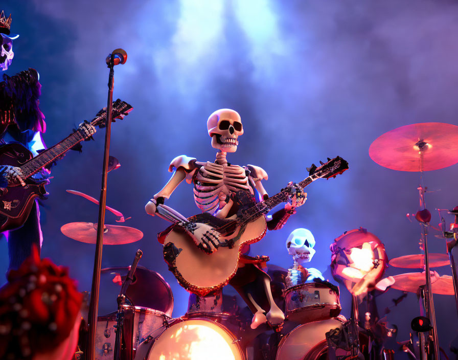 Skeleton Band Performing with Guitarist, Bassist, and Drummer on Stage