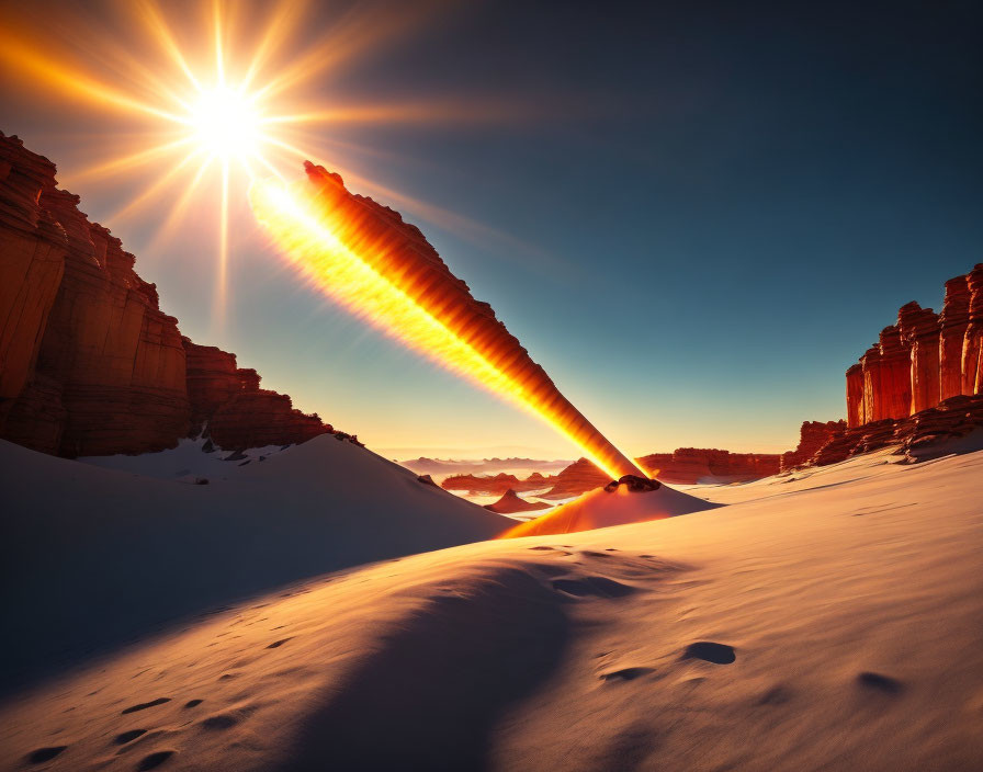 Sunburst over snowy desert landscape with rock formations and sunbeams.