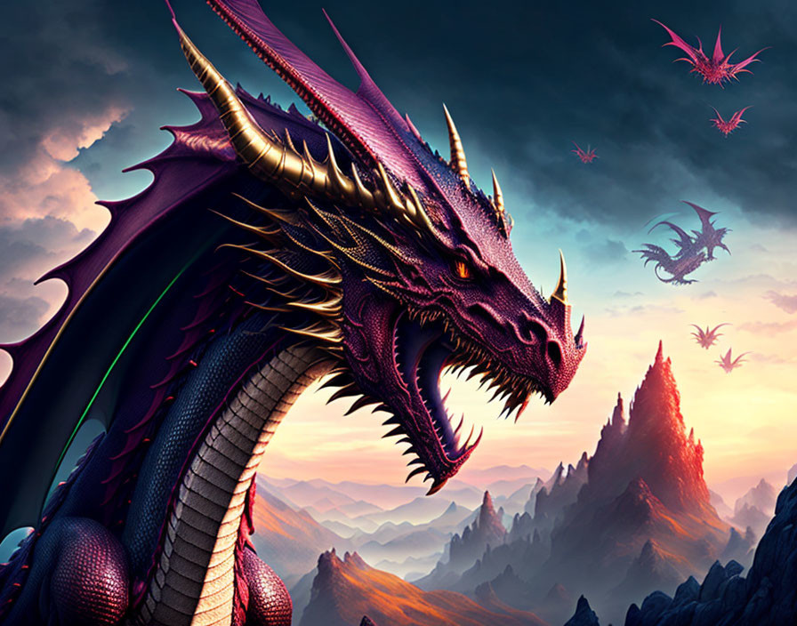 Purple Dragon with Horns and Green Eyes in Mountainous Landscape with Flying Dragons