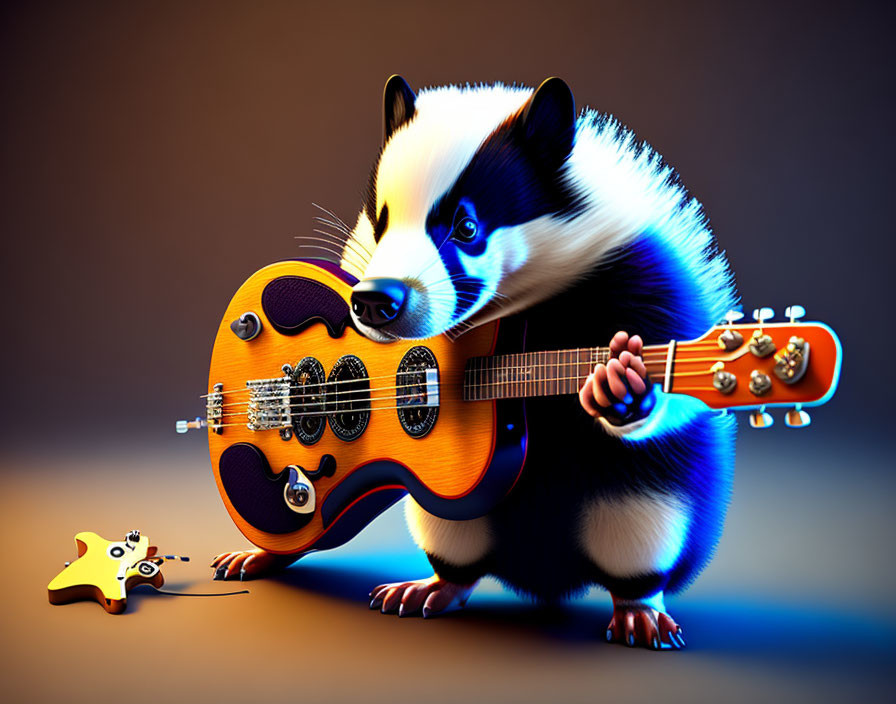 Anthropomorphic badger playing electric guitar with small guitar-shaped creature.