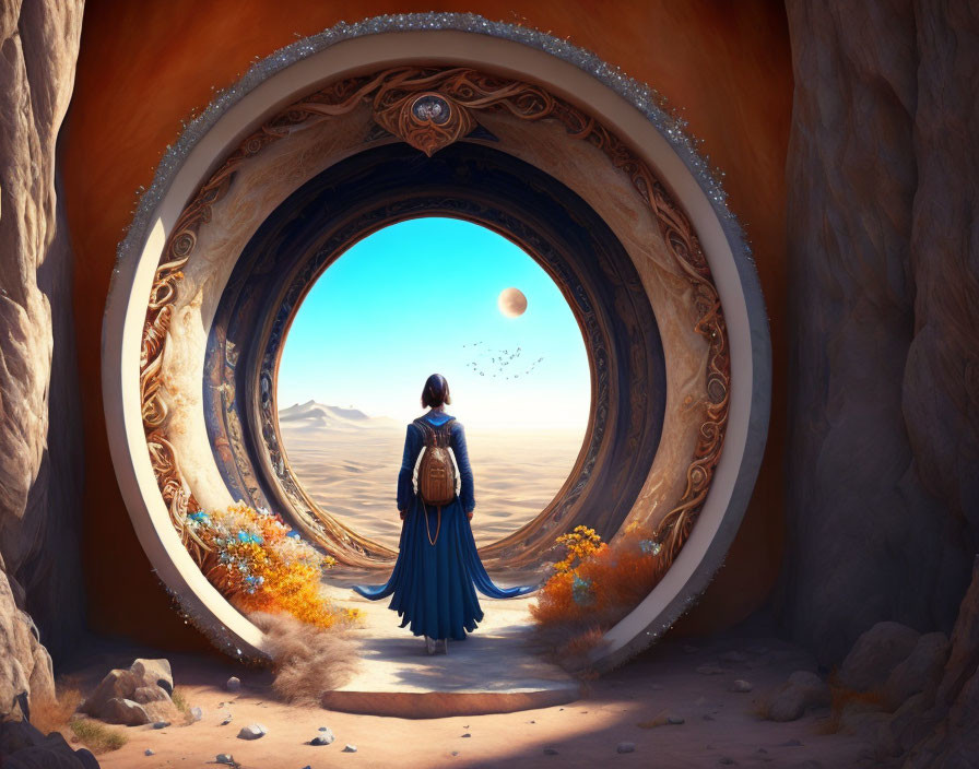 Figure in Blue Cloak at Ornate Circular Portal in Desert Landscape