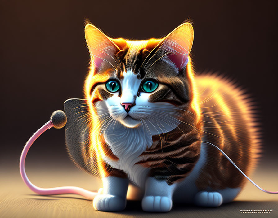 Whimsical Calico Cat Art with Blue Eyes and Wired Tail