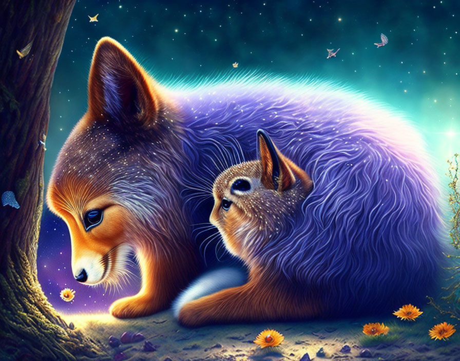 Cosmic-themed fox and brown rabbit in vibrant digital artwork