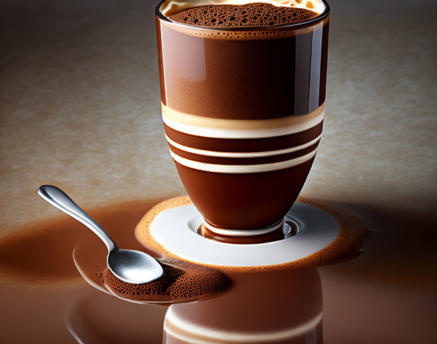 Layered Coffee Drink in Clear Glass with Saucer and Spoon on Brown Background