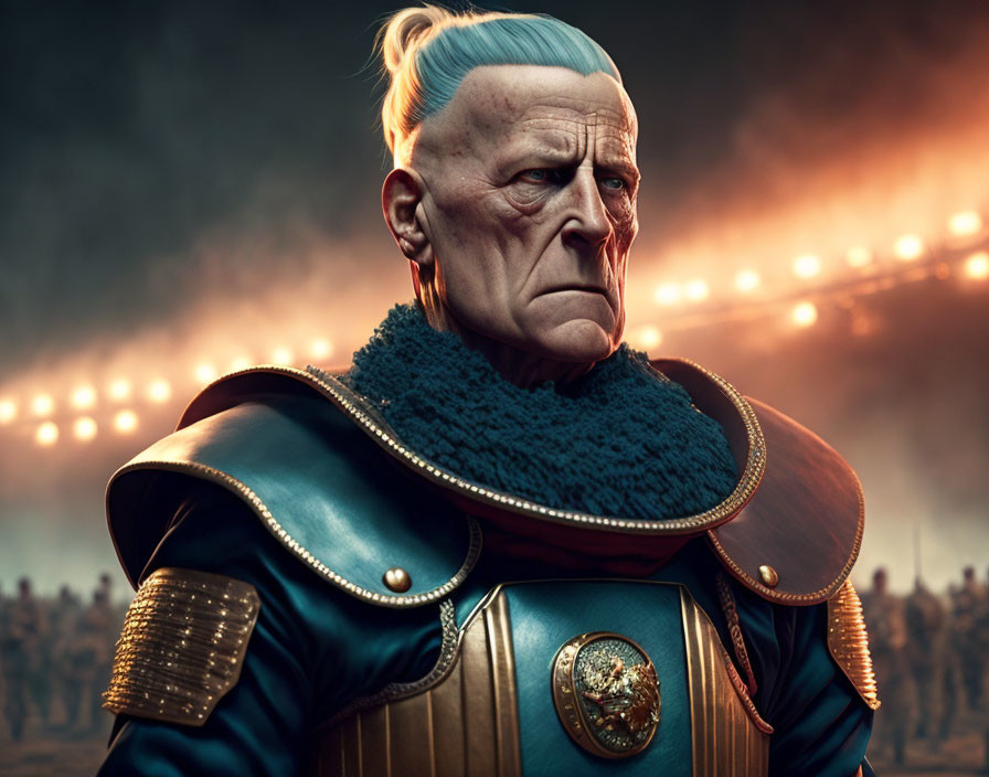 Elderly man with blue hair in futuristic military armor amid fiery sky