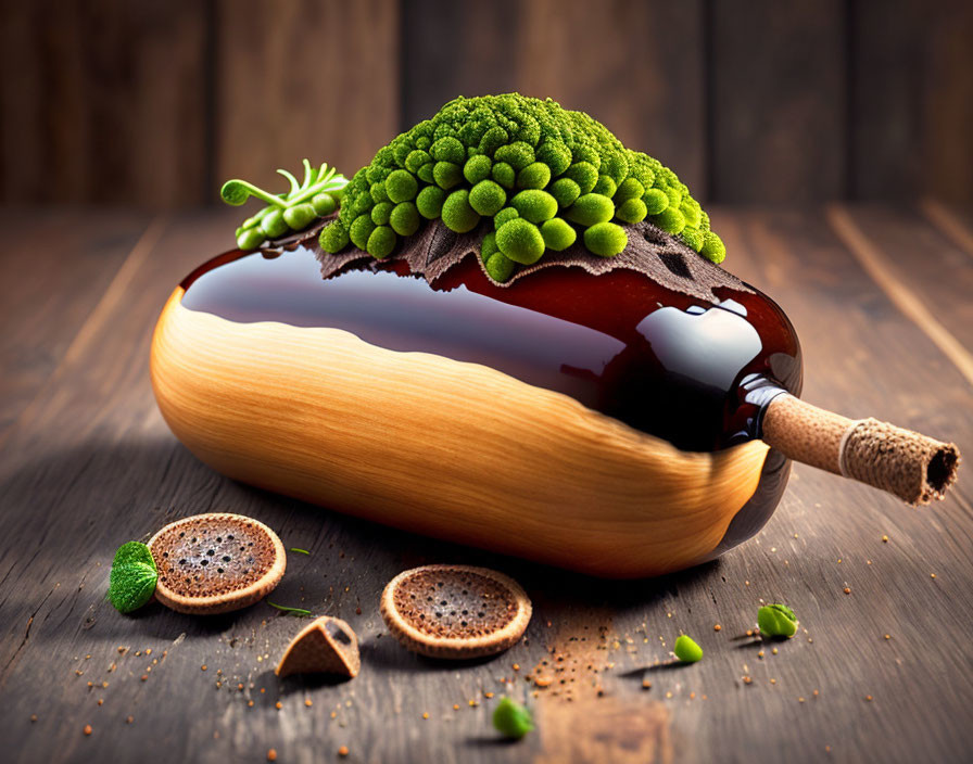 Plant Growing from Wine Bottle with Cork and Lotus Pods on Wooden Surface