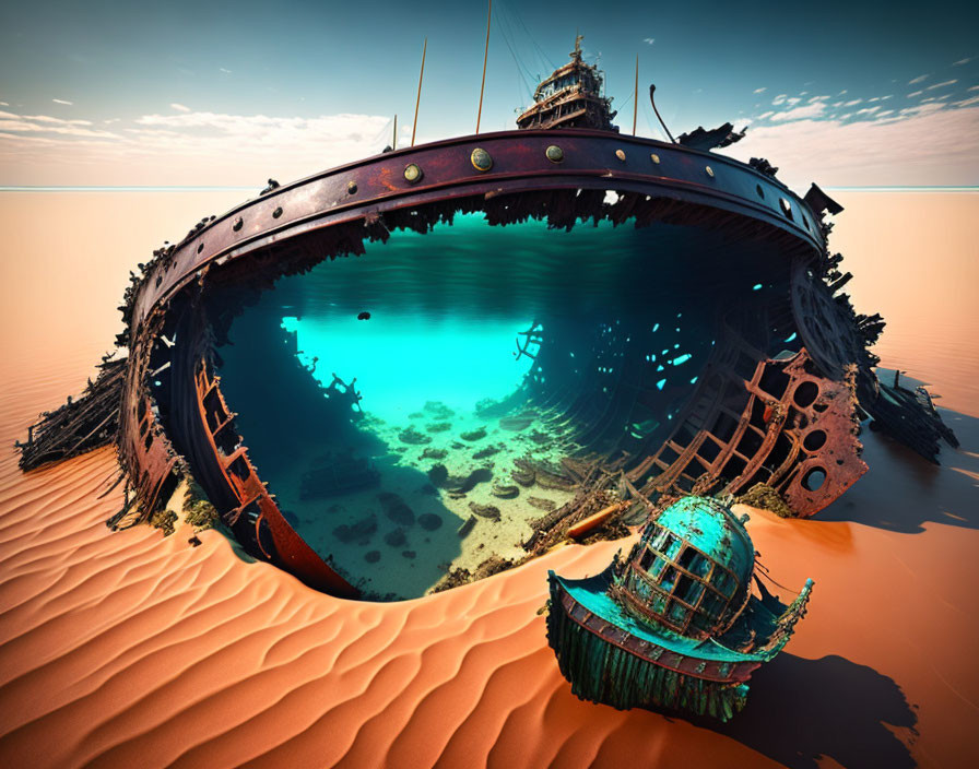 Abandoned shipwreck in desert oasis with clear blue water