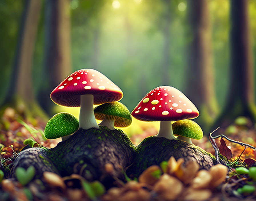 Vibrant red mushrooms with white spots in forest setting