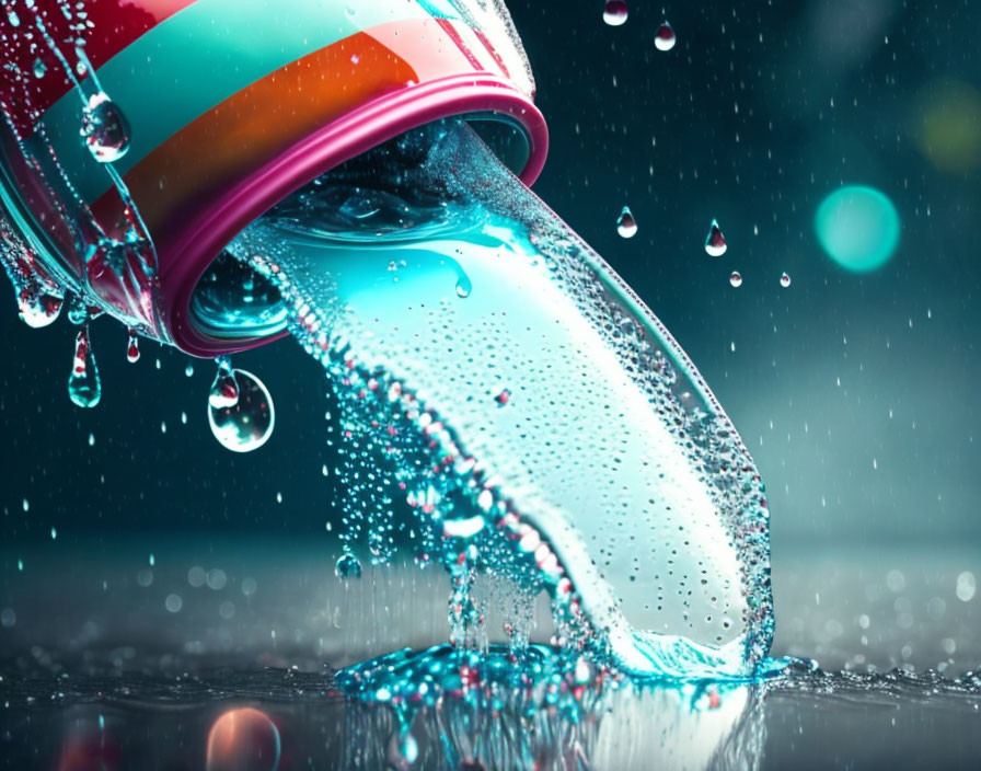 Colorful paint can tipping over, bright blue paint splashing, frozen droplets on blurred background