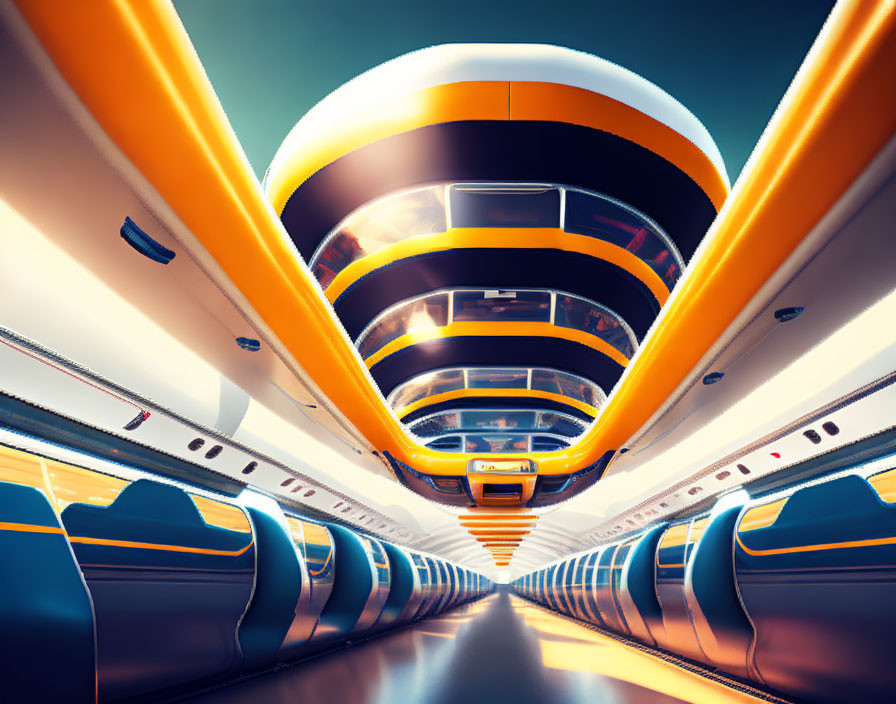 Sleek Blue and Orange Futuristic Train Interior Design