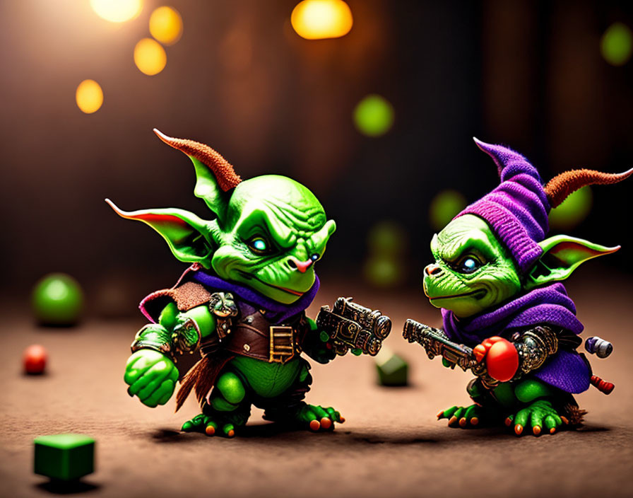 Fantasy goblin figures with exaggerated features wielding weapons against bokeh light background