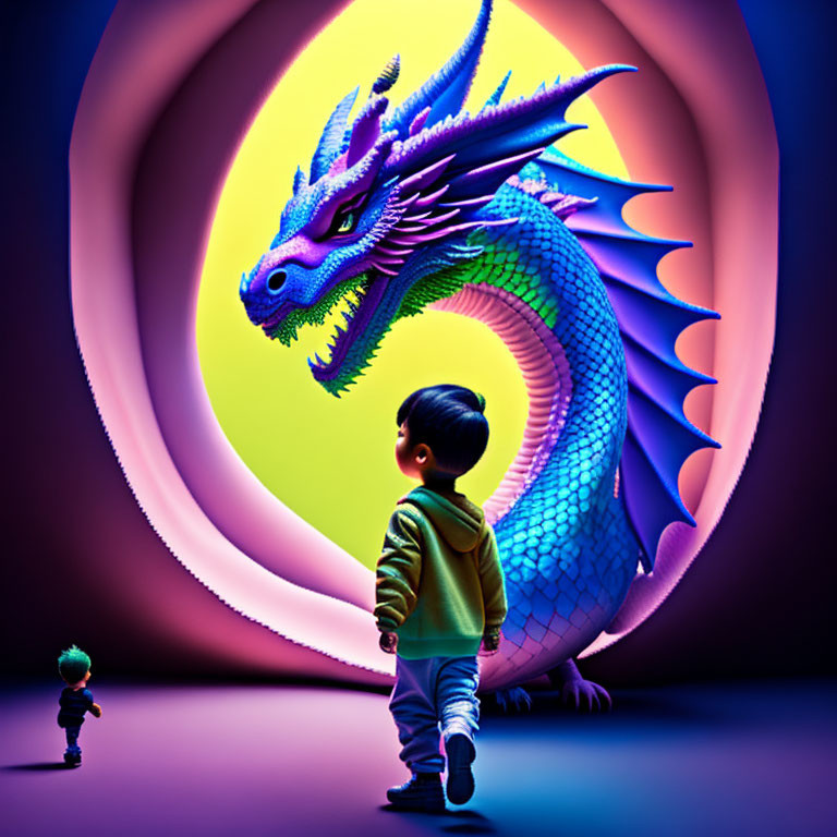 Young boy with toy gazes at colorful animated dragon in fantasy setting