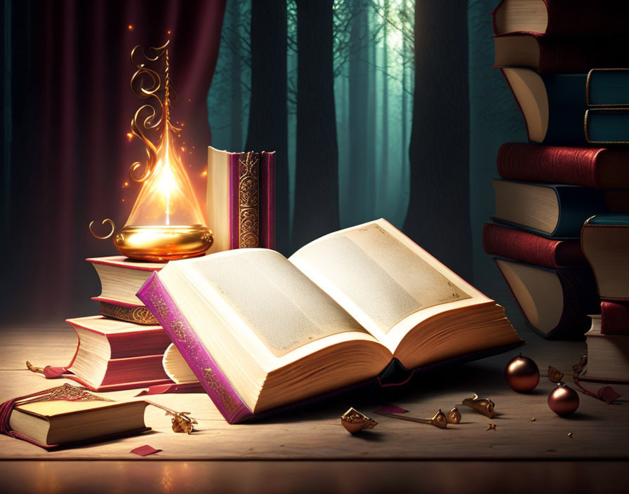 Magical book with glowing symbols, oil lamp, and books in forest setting