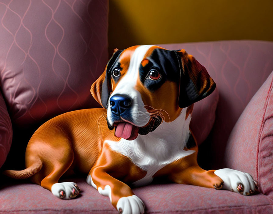 Tricolor Beagle Relaxing on Maroon Couch